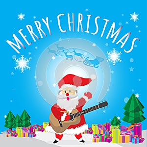 Santa Hello Guitar and Merry Christmas Blues Background Tree and Gift Cartoon
