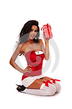 Santa helper girl on white background