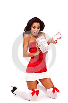 Santa helper girl on white background