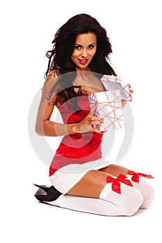 Santa helper girl on white background