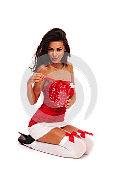 Santa helper girl on white background