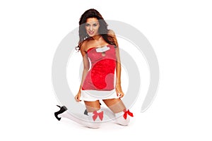 Santa helper girl on white background with long hair