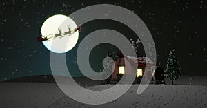 Santa and his reindeer on full moon background and snowy town.3D rendering