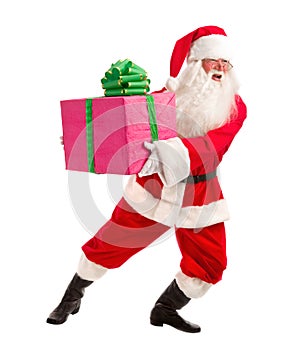 Santa Holding Christmas Present in his Hands on a White Backgrou