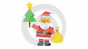 Santa holding Christmas tree holding bag gifts. Alpha channel