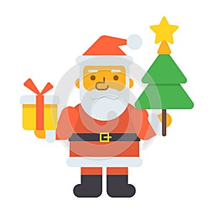 Santa holding Christmas tree holding gift box