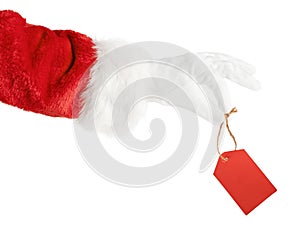 Santa holding a red sale label isolated on white background with clipping path.