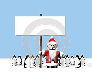 Santa holding a sign surrounded by penguins