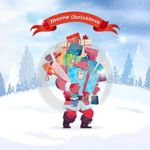 Santa Holding Stack Of Present Boxes Merry Christmas Greeting Card Background Holiday Decoration