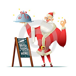Santa holds a tray in his hand and makes the delicious gesture. Near the board with an inscription Christmas menu