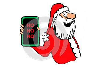 Santa holds up his smartphone