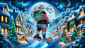 Santa on hoverboard in snowy village under moonlit sky.Generative AI