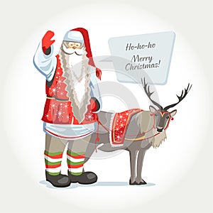 Santa Joulupukki with deer and frame text vector isalated illustration