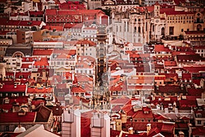 Santa Justa Lift and Baixa district in Lisbon seen from Sao Jorge Castle, Portugal