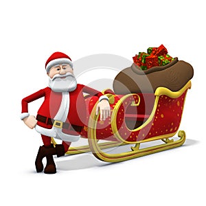 Santa leaning against his sleigh