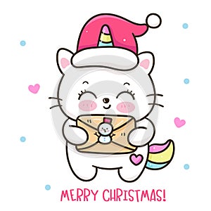 Santa letter Cute cat Christmas. X mas card