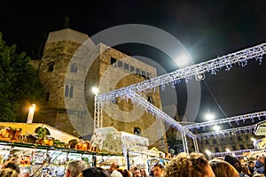 Santa Llucia christmas market at night in Barcelona, Catalonia, Spain