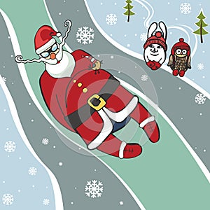 Santa luge racer. Humorous illustrations. Winter