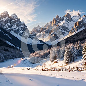 Santa Maddalena Sankta Magdalena and Dolomites range, Funes, South Tyrol, Italy made with Generative AI photo