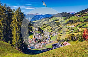 Santa Maddalena (Santa Magdalena) village with magical Dolomites mountains in background, Val di Funes valley, Trentino Alto Adige