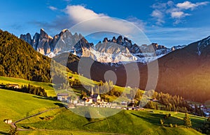 Santa Maddalena Santa Magdalena village with magical Dolomites mountains in background, Val di Funes valley, Trentino Alto Adige