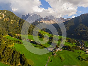 Santa Maddalena Santa Magdalena village with magical Dolomites mountains in background, Val di Funes valley, Trentino Alto Adige