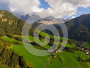 Santa Maddalena Santa Magdalena village with magical Dolomites mountains in background, Val di Funes valley, Trentino Alto Adige