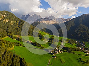 Santa Maddalena Santa Magdalena village with magical Dolomites mountains in background, Val di Funes valley, Trentino Alto Adige