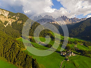 Santa Maddalena Santa Magdalena village with magical Dolomites mountains in background, Val di Funes valley, Trentino Alto Adige