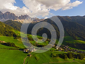 Santa Maddalena Santa Magdalena village with magical Dolomites mountains in background, Val di Funes valley, Trentino Alto Adige