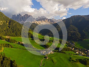 Santa Maddalena Santa Magdalena village with magical Dolomites mountains in background, Val di Funes valley, Trentino Alto Adige