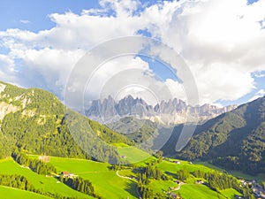 Santa Maddalena Santa Magdalena village with magical Dolomites mountains in background, Val di Funes valley, Trentino Alto Adige