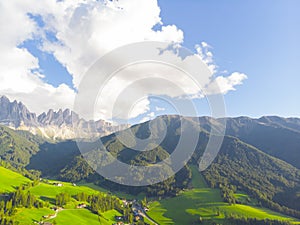 Santa Maddalena Santa Magdalena village with magical Dolomites mountains in background, Val di Funes valley, Trentino Alto Adige