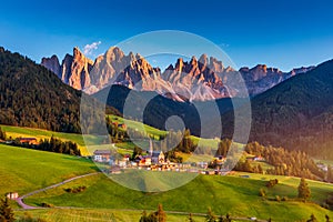 Santa Maddalena (Santa Magdalena) village with magical Dolomites mountains in background, Val di Funes valley, Trentino Alto Adige