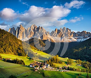 Santa Maddalena, Val di Funes, Italy. Most popular place in Italy. Classical landscape in summer time in Dolomite Alps.