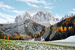 Santa Maddalena Village Church at the Dolomite Alps