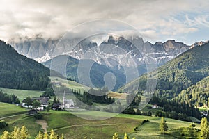 Santa Maddalena village in front of the Geisler or Odle Dolomite