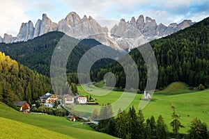 Santa Maddalena village in front of the Geisler or Odle Dolomites Group