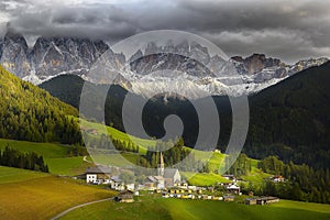 Santa Maddalena village in front of the Geisler or Odle Dolomites Group, Val di Funes, Italy, Europe..