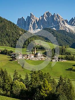 Santa Maddalena village in front of the Geisler or Odle Dolomites Group , Val di Funes, Italy, Europe. September, 2017