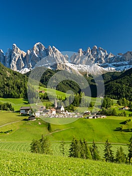 Santa Maddalena village in front of the Geisler or Odle Dolomites Group , Val di Funes, Italy, Europe. September, 2017