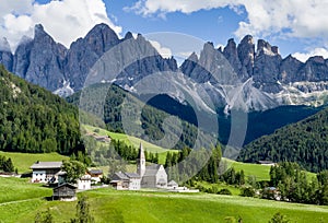 Santa Maddalena village view with stunning picturesque Dolomite Alps peaks in Val di Funes valley, South Tyrol, Italy