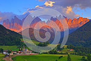 Santa Magdalena village in front of Dolomites Group, Val di Fune