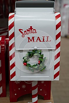 Santa Mail red Christmas holiday mailbox, white colored