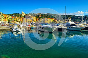Santa Margherita Ligure harbor and colorful mediterranean buildings, Liguria, Italy