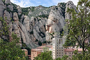 Santa Maria de Montserrat Abbey surrounded by mountains. Catalonia, Spain