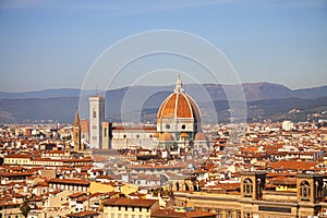 Santa Maria del Fiore cathedral in Florence, Italy. Aerial panoramic view with dome