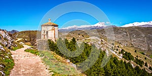 Santa Maria della Pieta church in Rocca Calascio - Abruzzo Gran Sasso national Park trail - South Italy landmark