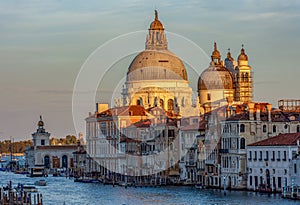 Santa Maria della Salute church on Grand canal at sunset, Venice, Italy