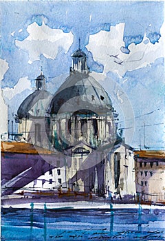 Santa Maria della Salute hand drawn watercolor illustration